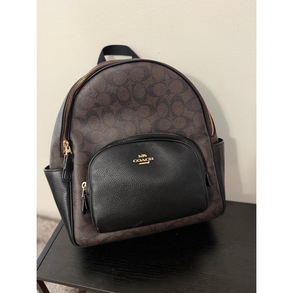Coach Brown Black Signature Backpack Black Leather Trim Gold Hardware - Picture 2 of 5